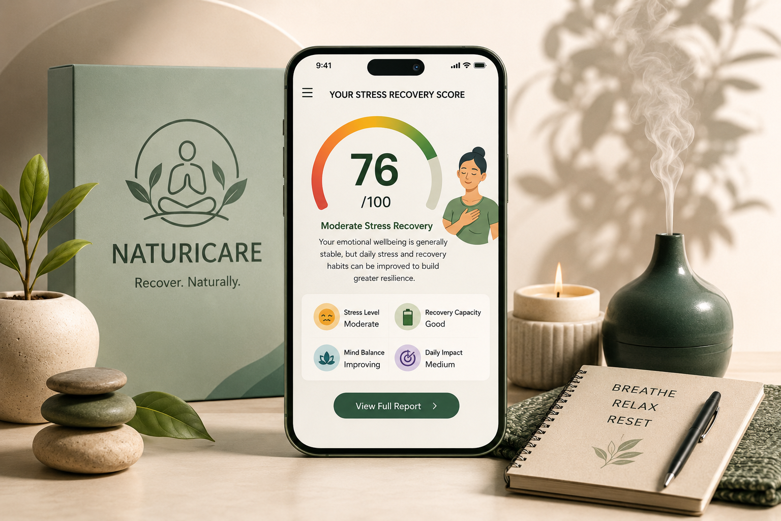 Naturicare Stress Recovery Journal & App Preview