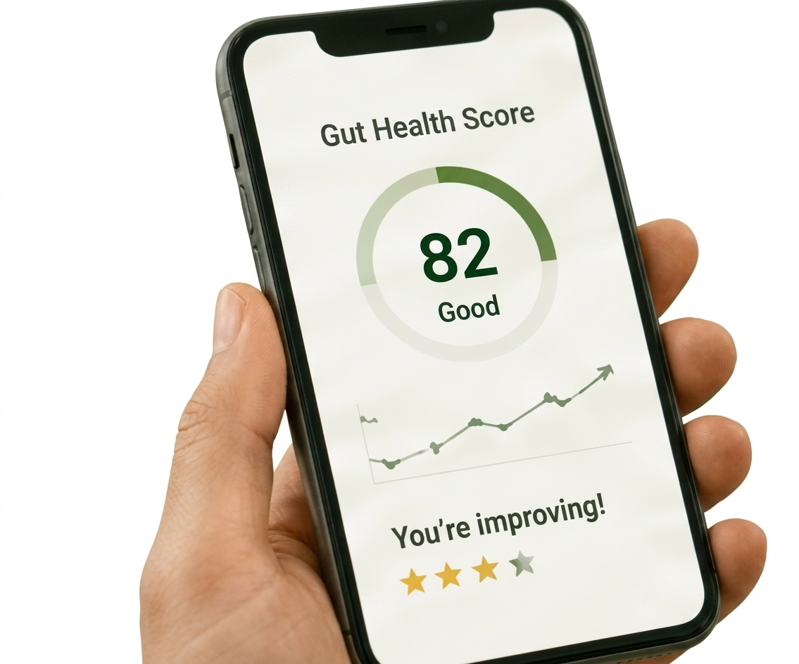 Hand Holding Smartphone Gut Health Score 82 Mockup