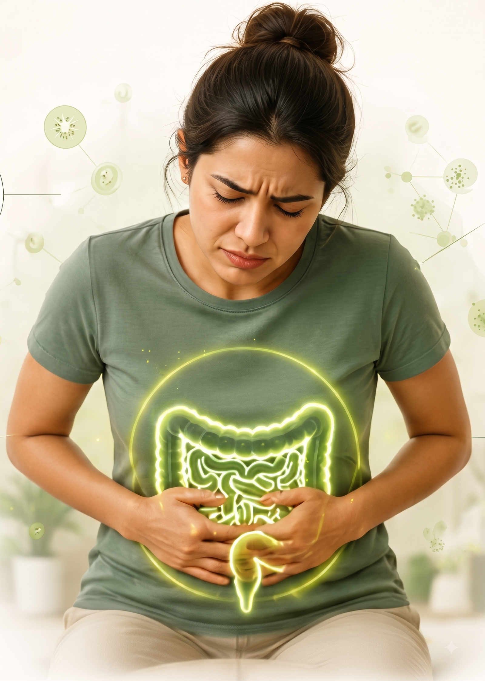 Indian Woman Clutching Stomach with Glowing Gut Overlay