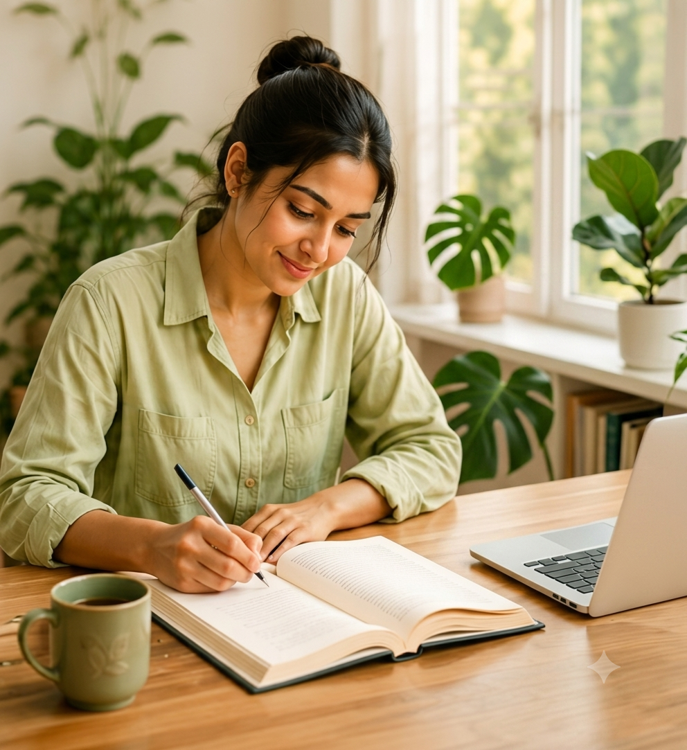 Woman studying and writing in notebook - Naturicare Knowledge Hub