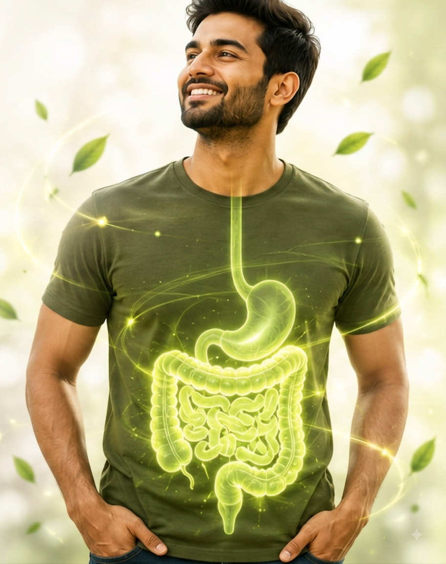 Indian Man with Glowing Digestive System Infographic Overlay