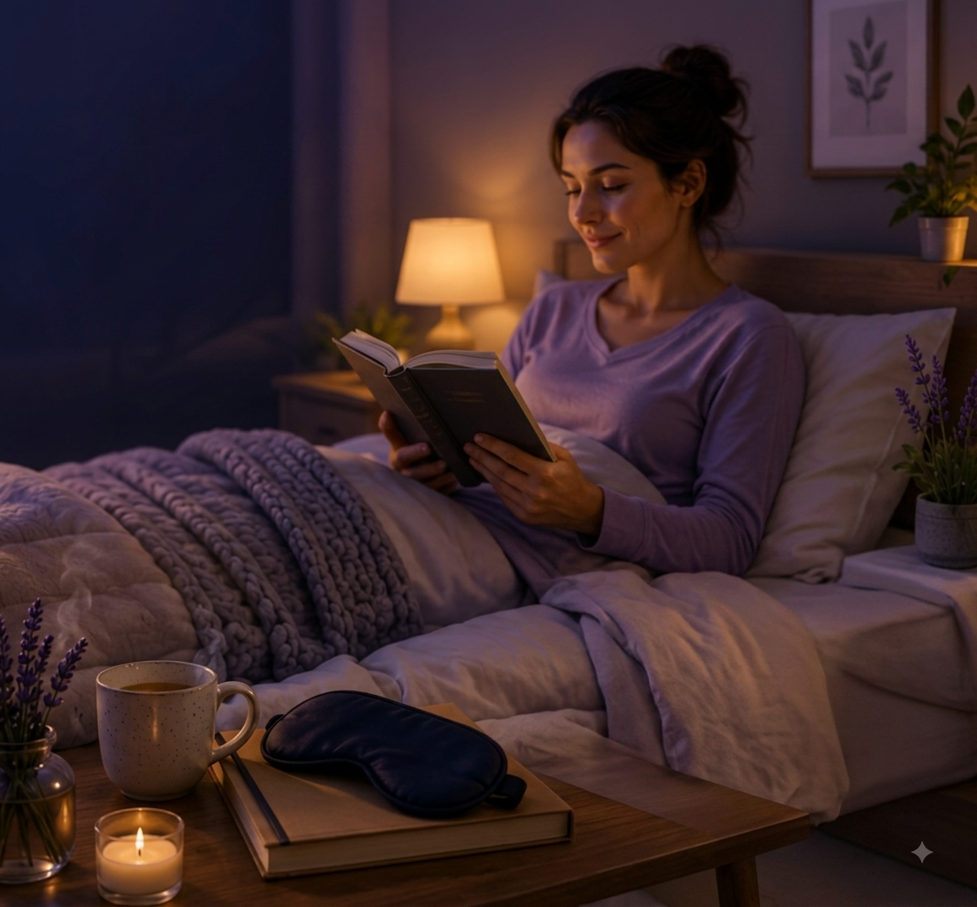 Woman reading peacefully in cozy warm bedroom at night