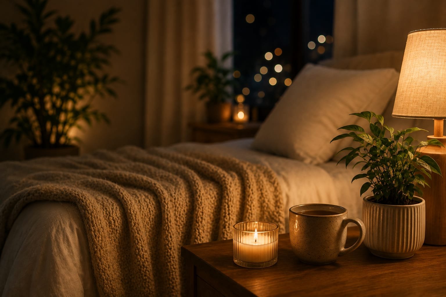 Cozy Plant, Stack of Books, and Glowing Candle