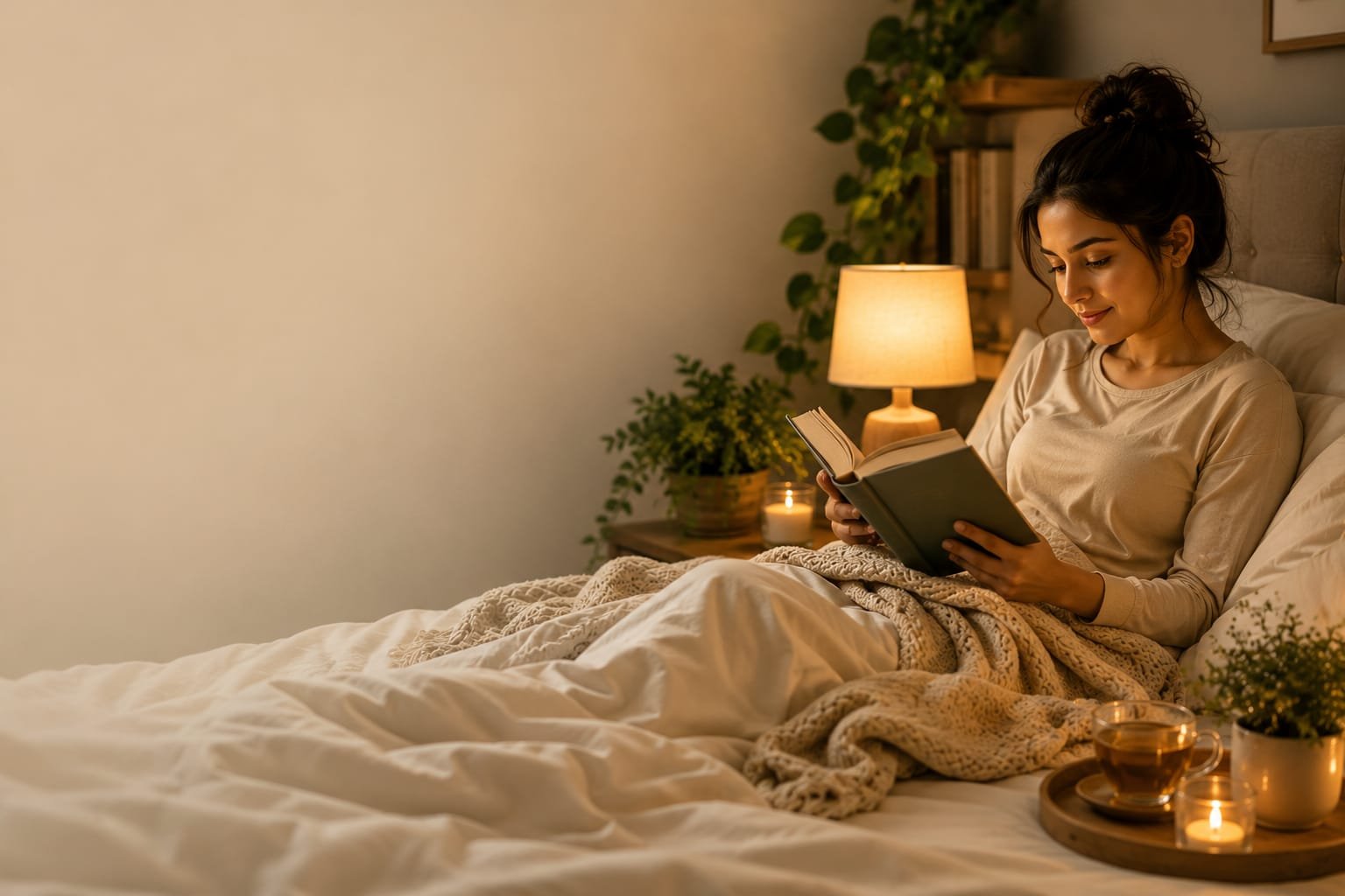 Woman Reading Book in Bed with Warm Cozy Lighting