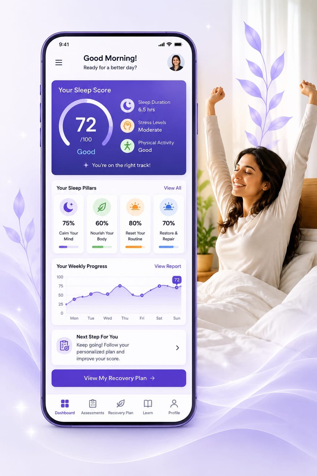 Naturicare Sleep Recovery Journey - Woman Stretching Happily in Bed